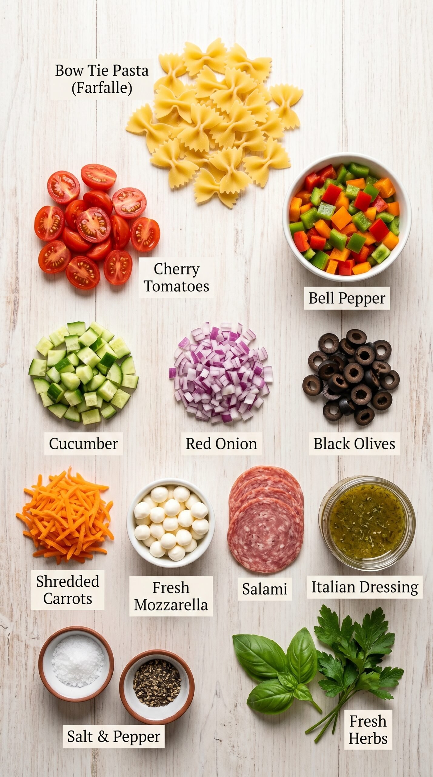 Delicious Bow Tie Pasta Salad Made Super Easy recipe ingredients
